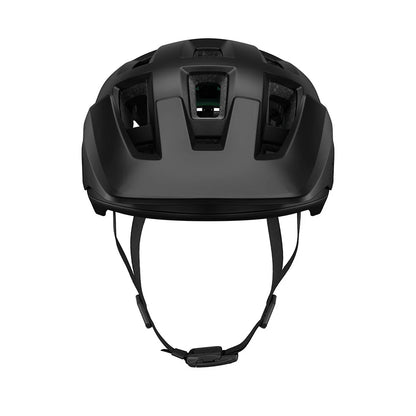 Black helmet with chin strap on a white background