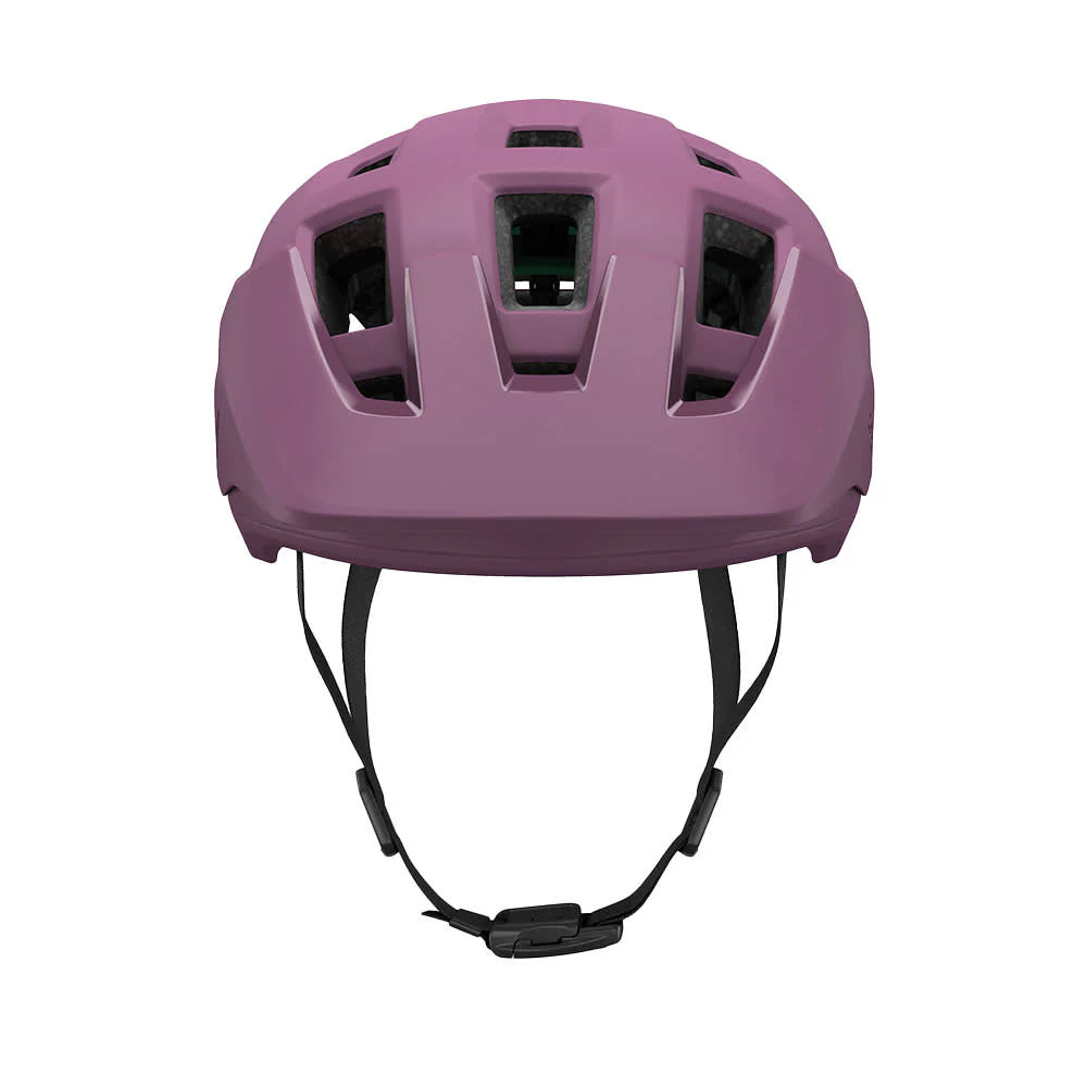 Purple helmet with black straps on a white background