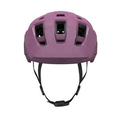 Purple helmet with black straps on a white background