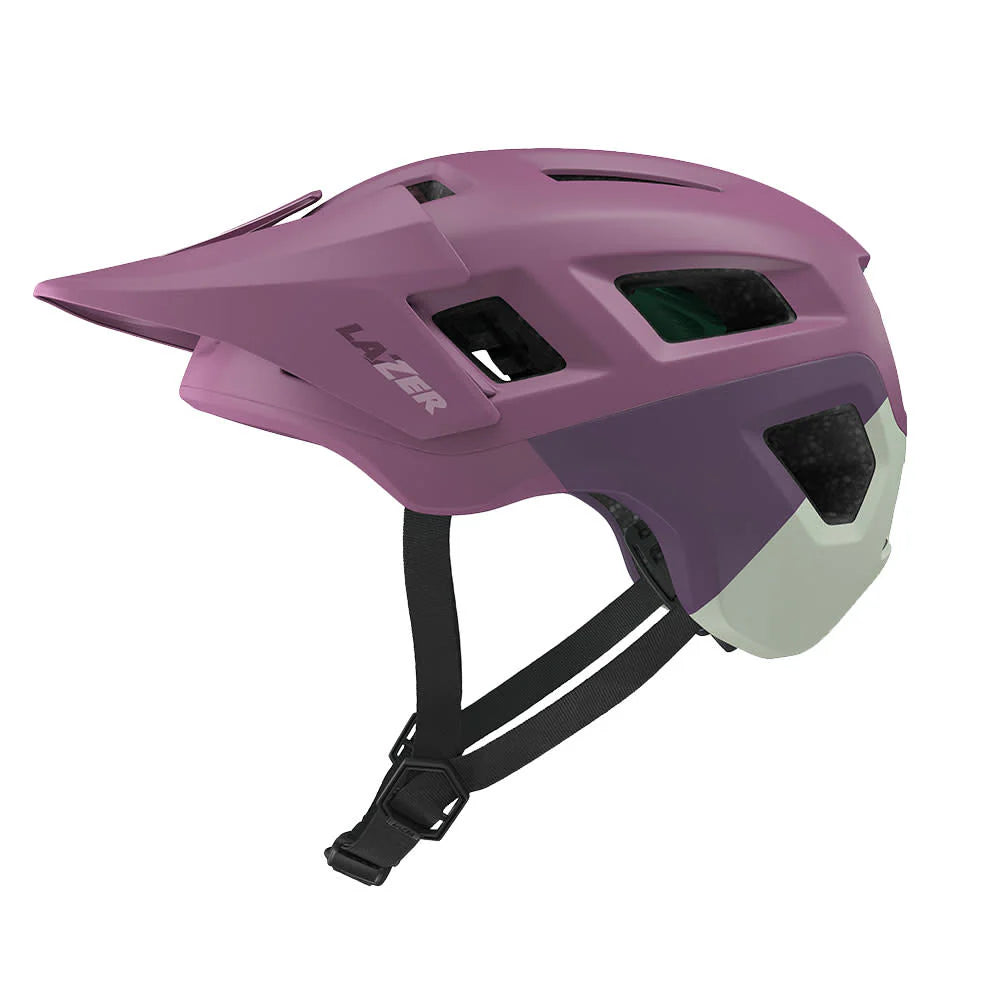 Purple helmet with black straps on a white background