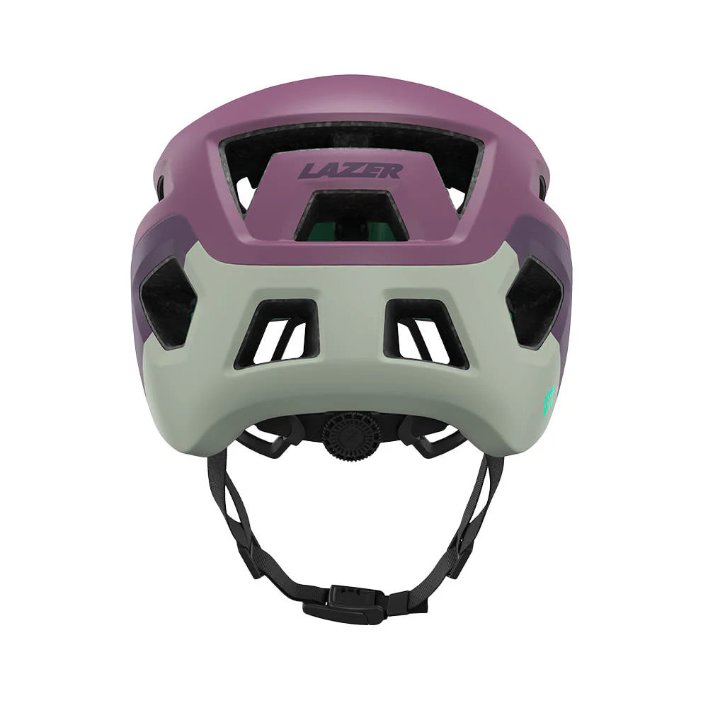 Purple and gray helmet with 'Lazer' branding on a white background
