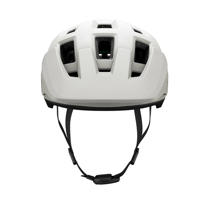 White helmet with black straps on a white background
