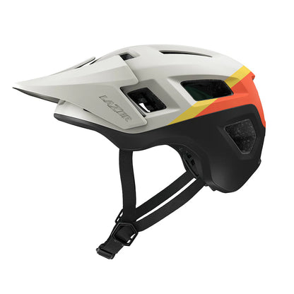 White helmet with black, orange, and yellow design on a white background