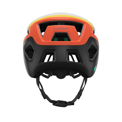 Orange and black helmet with 'Lazer' branding on a white background