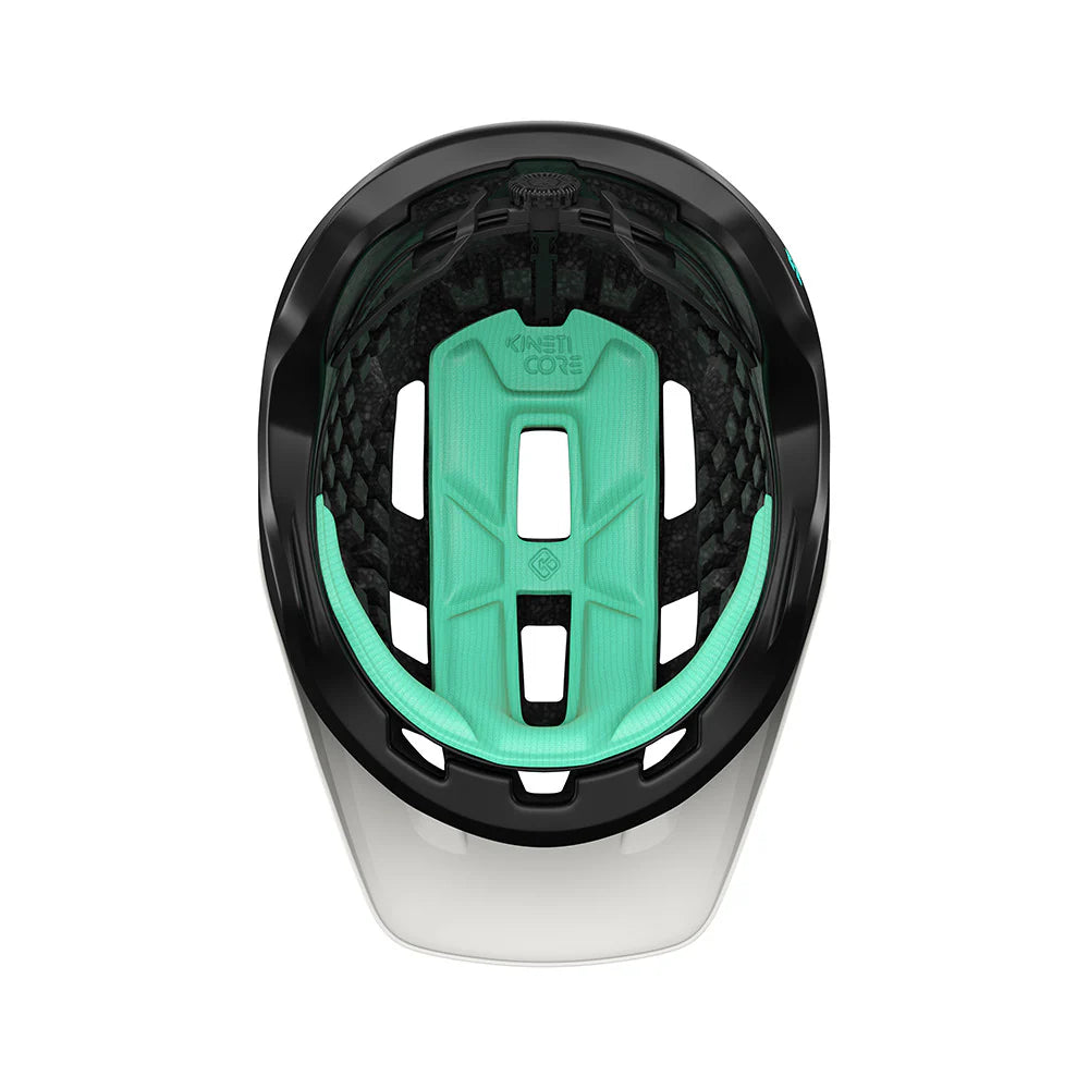 Black and teal helmet on a white background