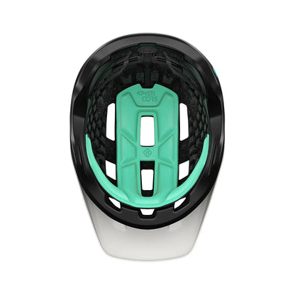 Black and teal helmet on a white background