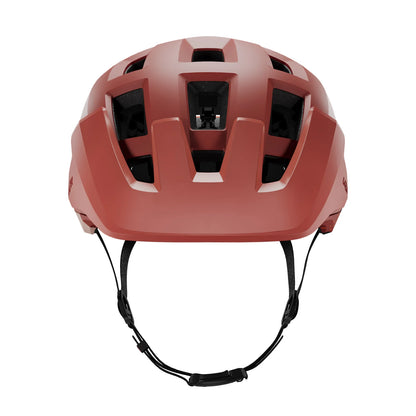 Red helmet with black straps on a white background