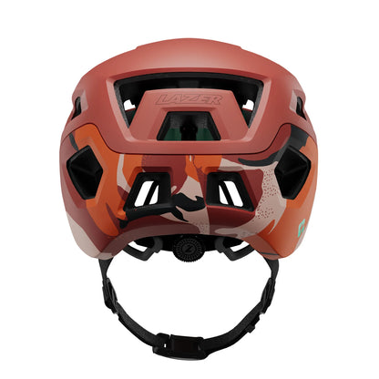 Red and black helmet with a camouflage pattern on a white background