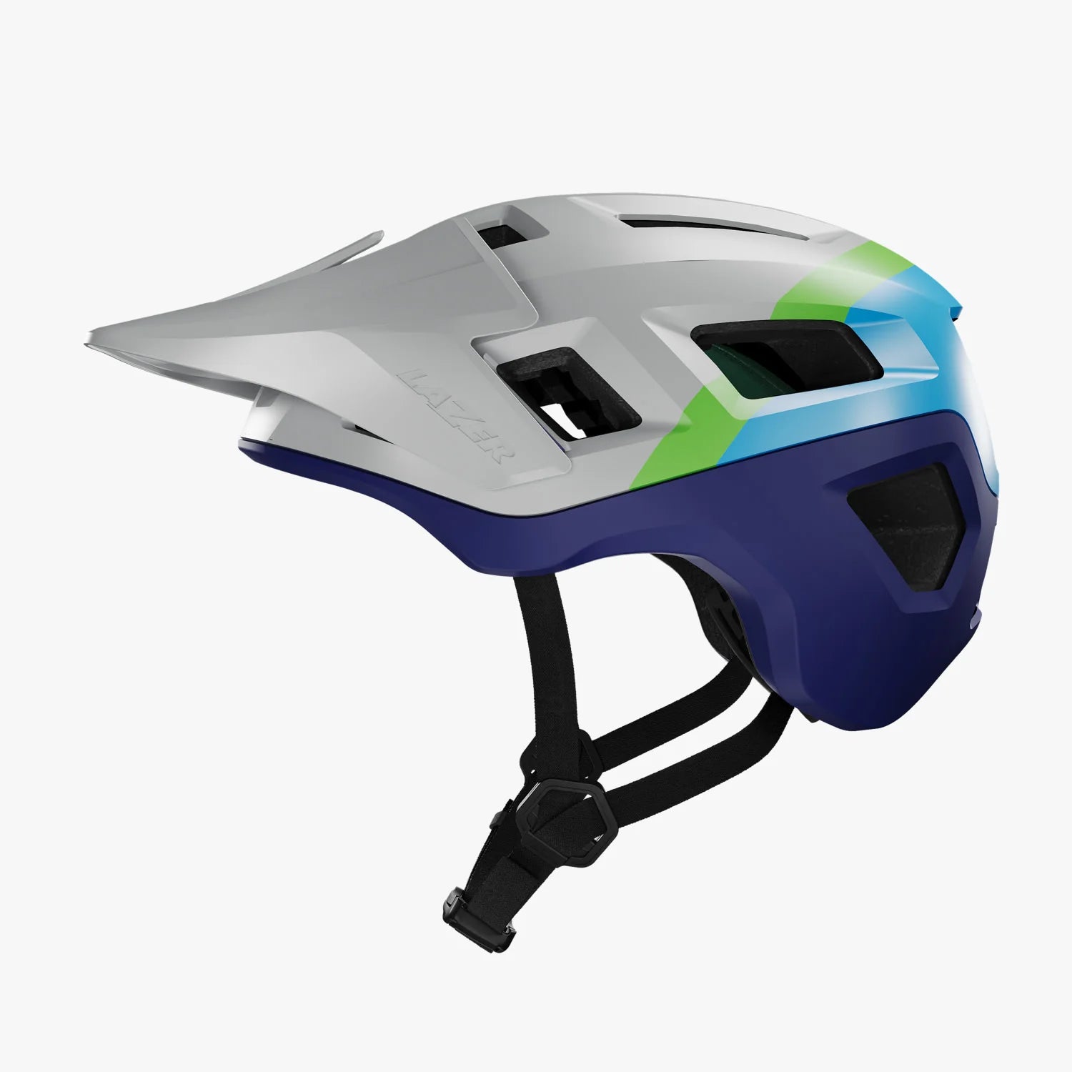 Multicolored helmet with a white, blue, green, and purple design on a white background