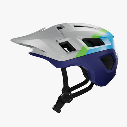 Multicolored helmet with a white, blue, green, and purple design on a white background