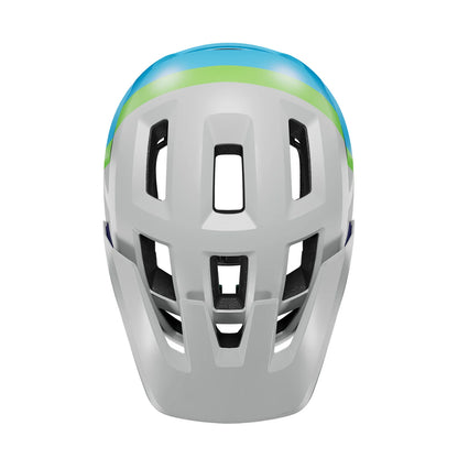 White helmet with blue and green accents on a white background