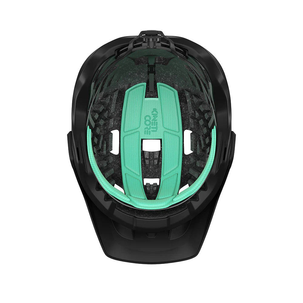Black helmet with green interior on a white background