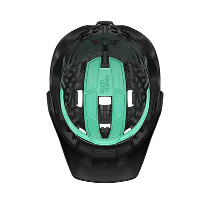 Black helmet with green interior on a white background