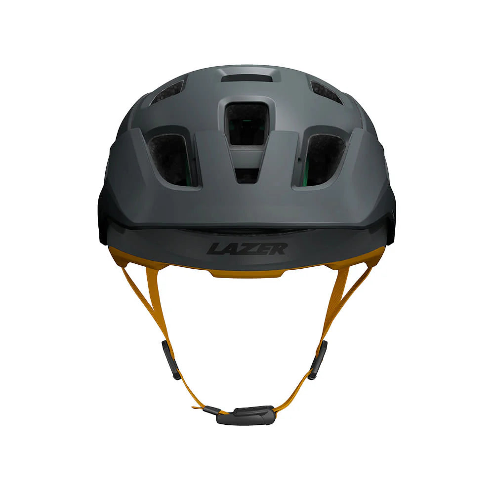 Gray helmet with 'Lazer' branding on a white background