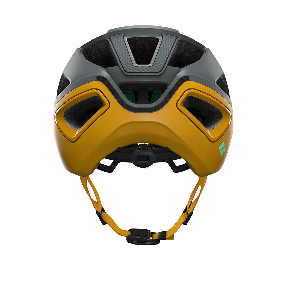 Yellow and gray helmet with a visible brand logo on a white background
