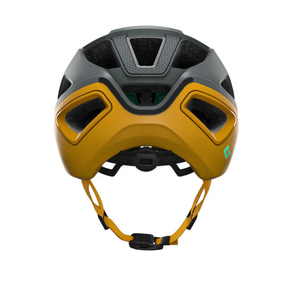 Yellow and gray helmet with a visible brand logo on a white background