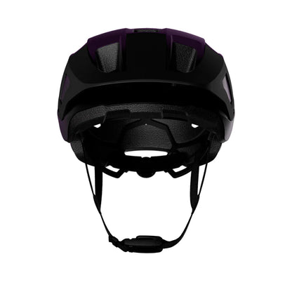 Black helmet with purple accents on a white background