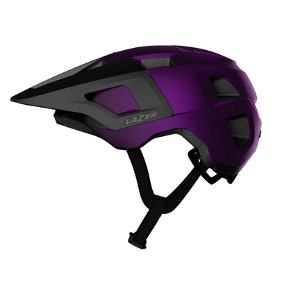 Purple helmet with black accents on a white background