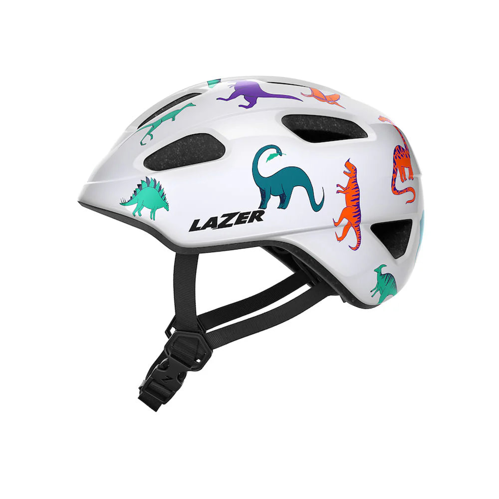 White children's helmet with dinosaur designs and Lazer branding on a white background