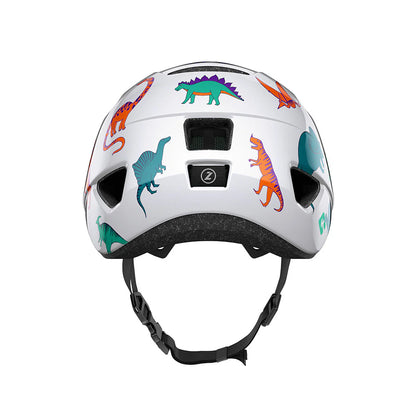 Children's helmet with dinosaur patterns on a white background