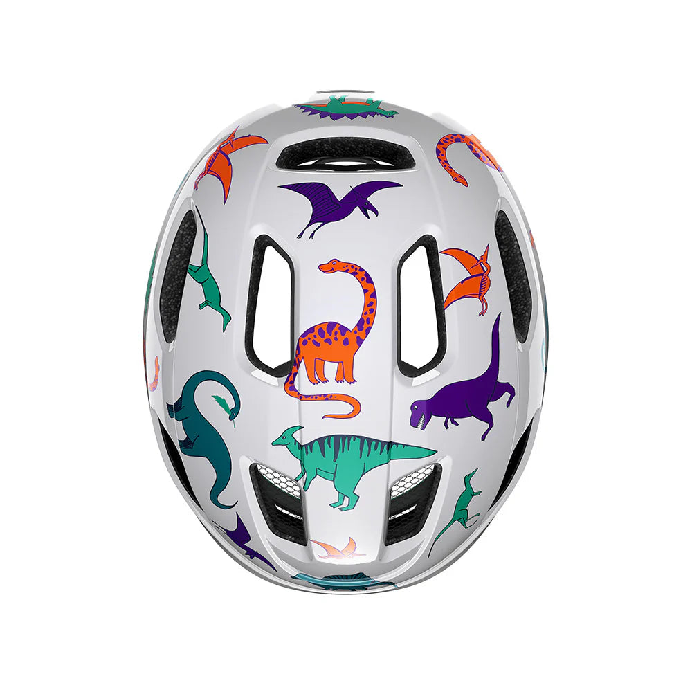 Children's helmet with dinosaur patterns on a white background