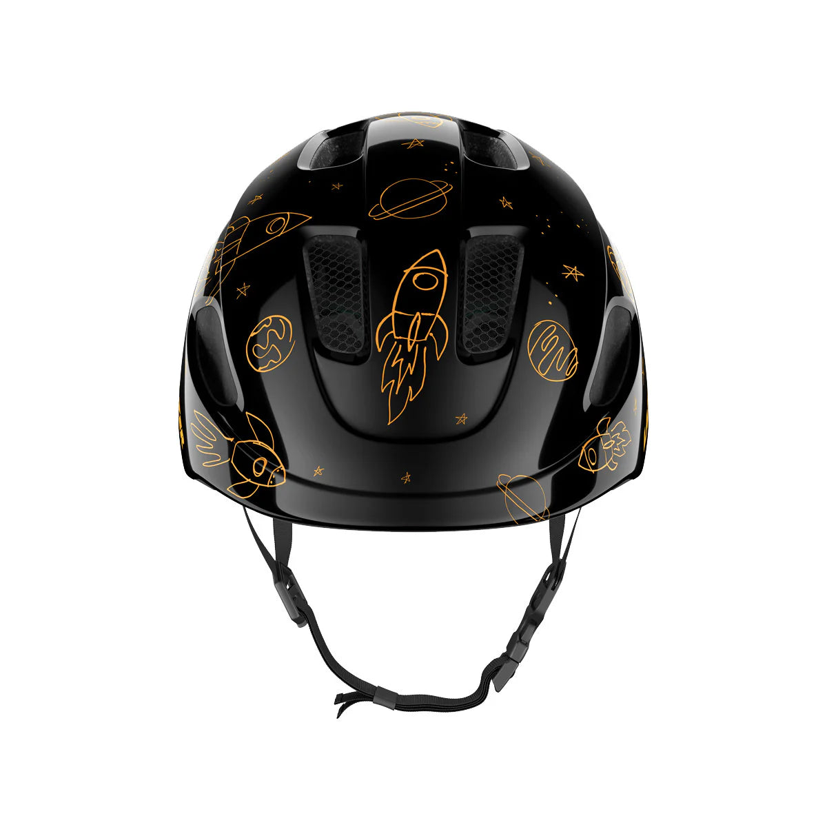 Black helmet with gold space-themed designs on a white background
