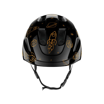 Black helmet with gold space-themed designs on a white background