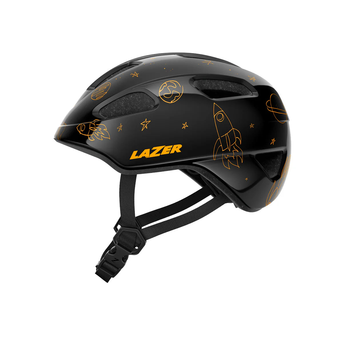 Black helmet with yellow designs and 'Lazer' branding on a white background