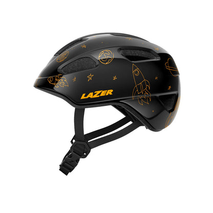 Black helmet with yellow designs and 'Lazer' branding on a white background