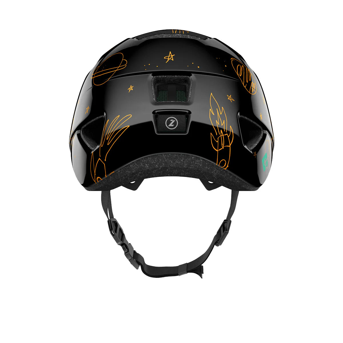 Black helmet with gold designs on a white background