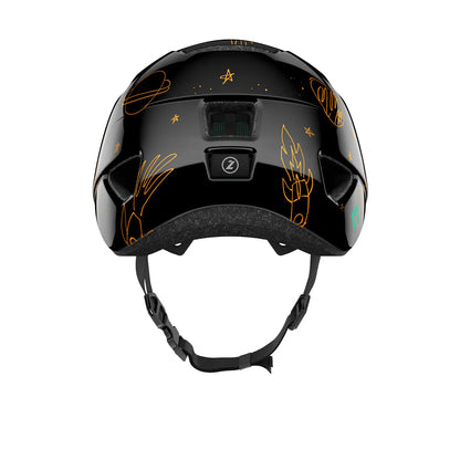 Black helmet with gold designs on a white background