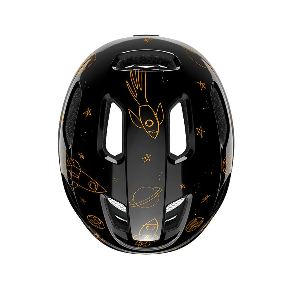Black helmet with gold space-themed designs on a white background