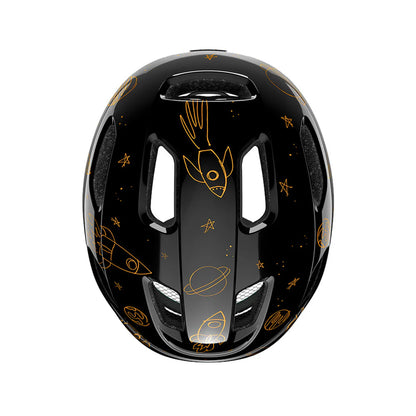 Black helmet with gold space-themed designs on a white background