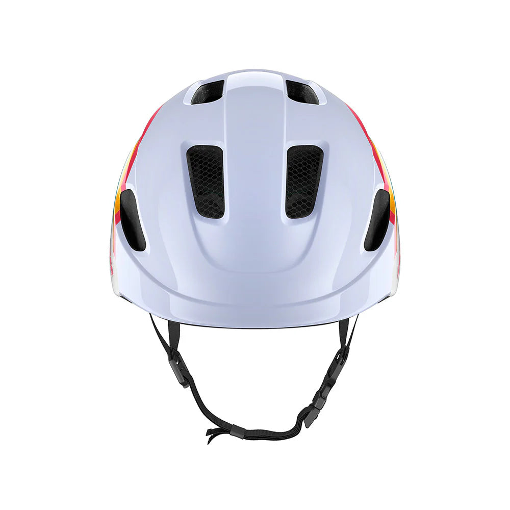 White helmet with colorful accents on a white background