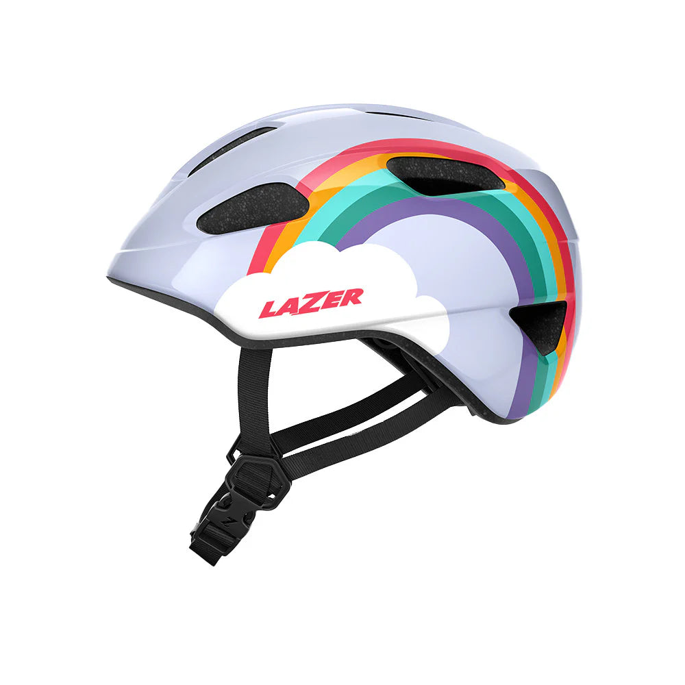 White helmet with rainbow design and Lazer logo on a white background
