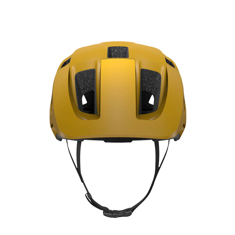 Yellow helmet with black straps on a white background