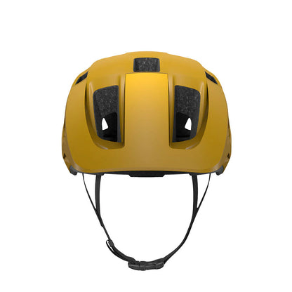 Yellow helmet with black straps on a white background