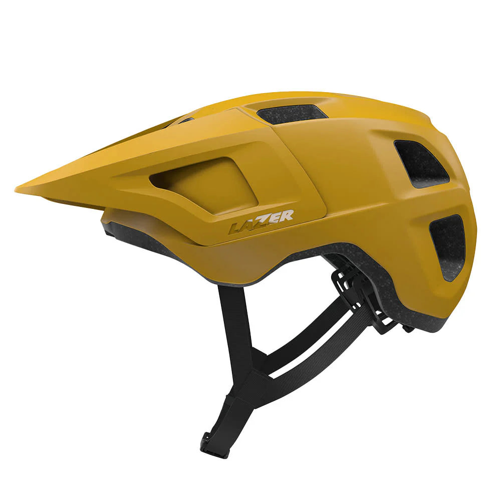 Yellow helmet with 'Lazer' branding on a white background
