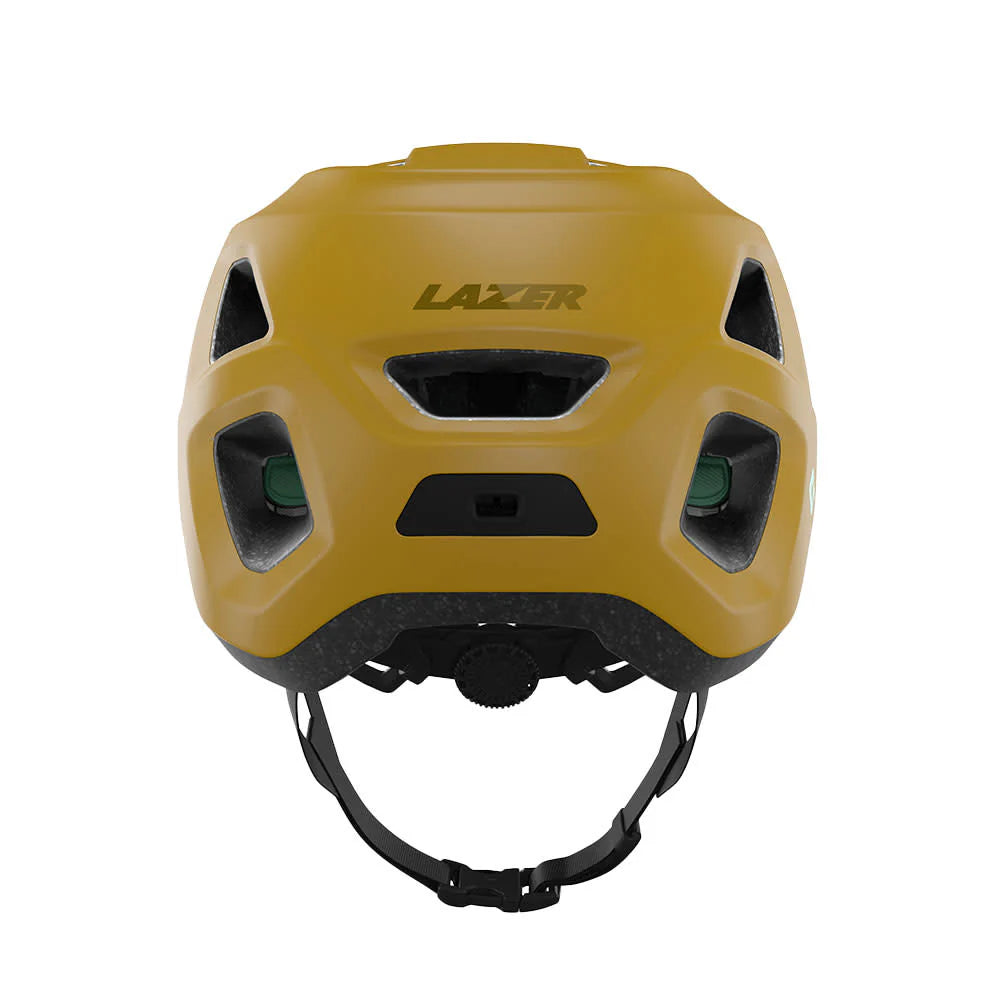 Yellow helmet with 'Lazer' branding on a white background
