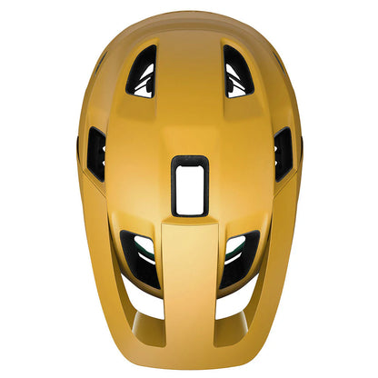Gold helmet with black accents on a white background