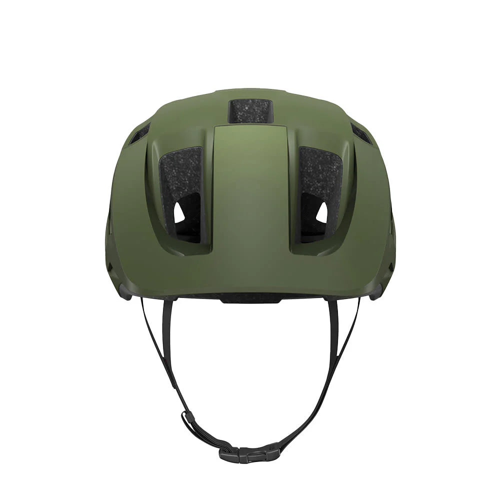 Green helmet with black straps on a white background