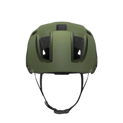 Green helmet with black straps on a white background
