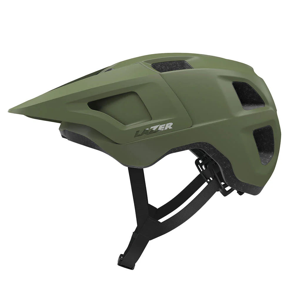 Green helmet with 'Lazer' branding on a white background