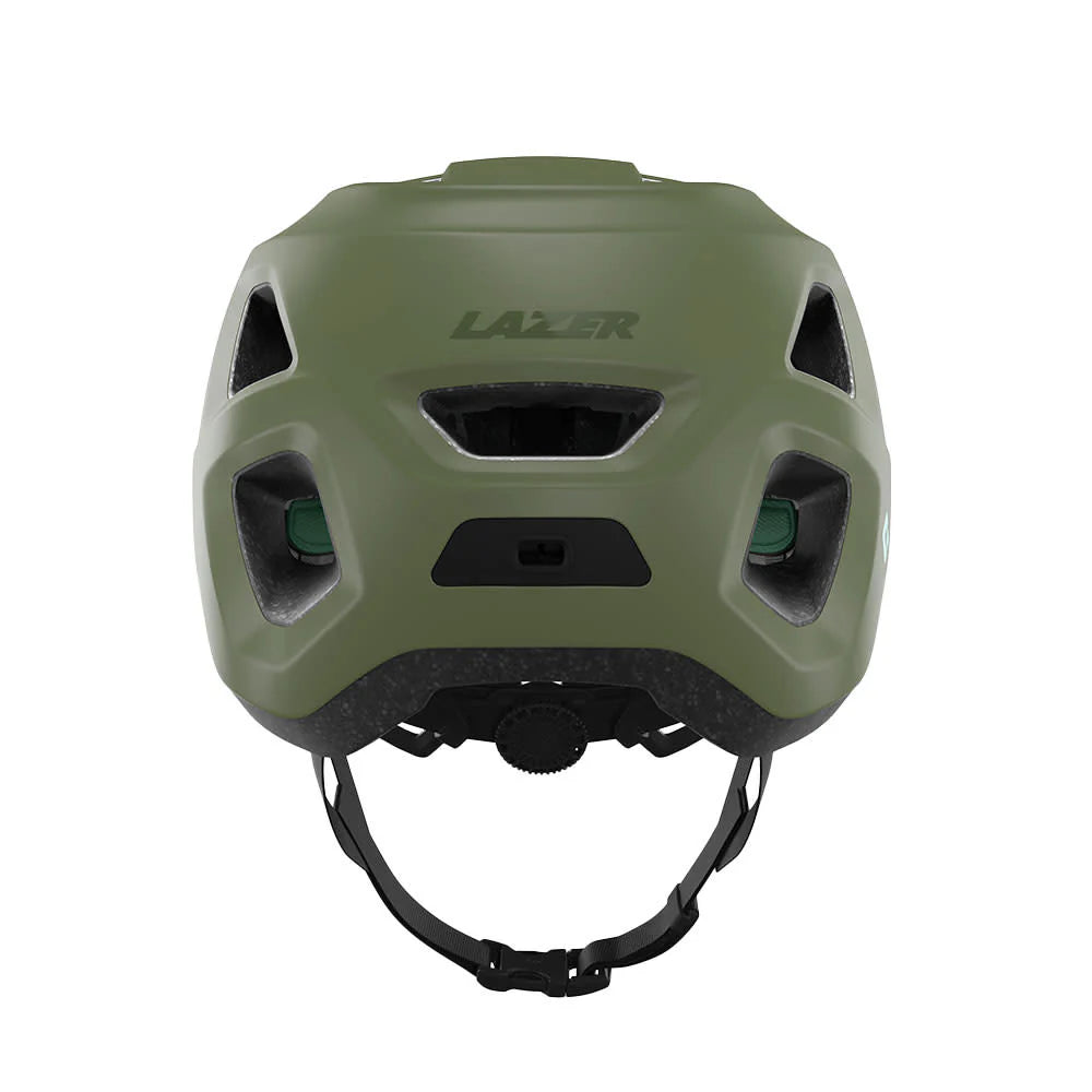 Green helmet with 'Lazer' branding on a white background