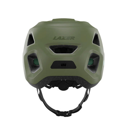 Green helmet with 'Lazer' branding on a white background
