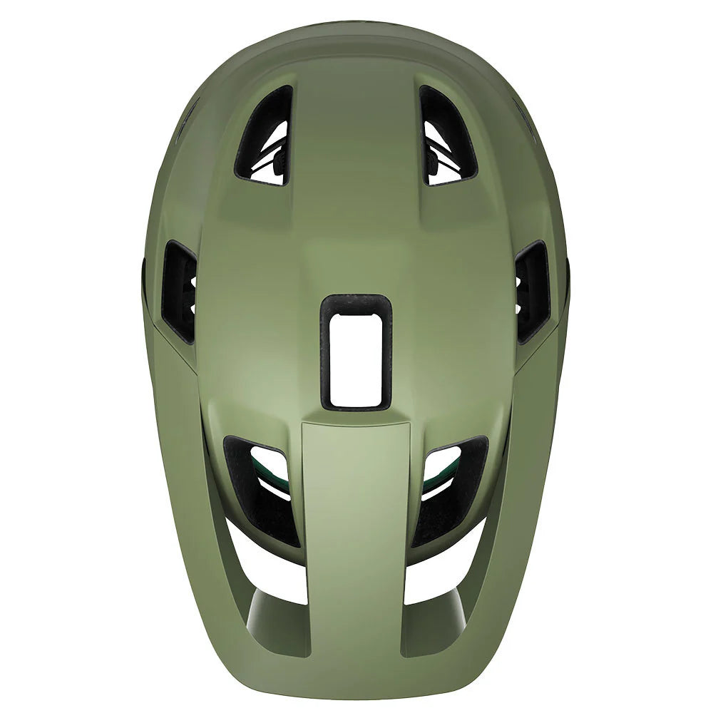Green helmet with ventilation holes on a white background