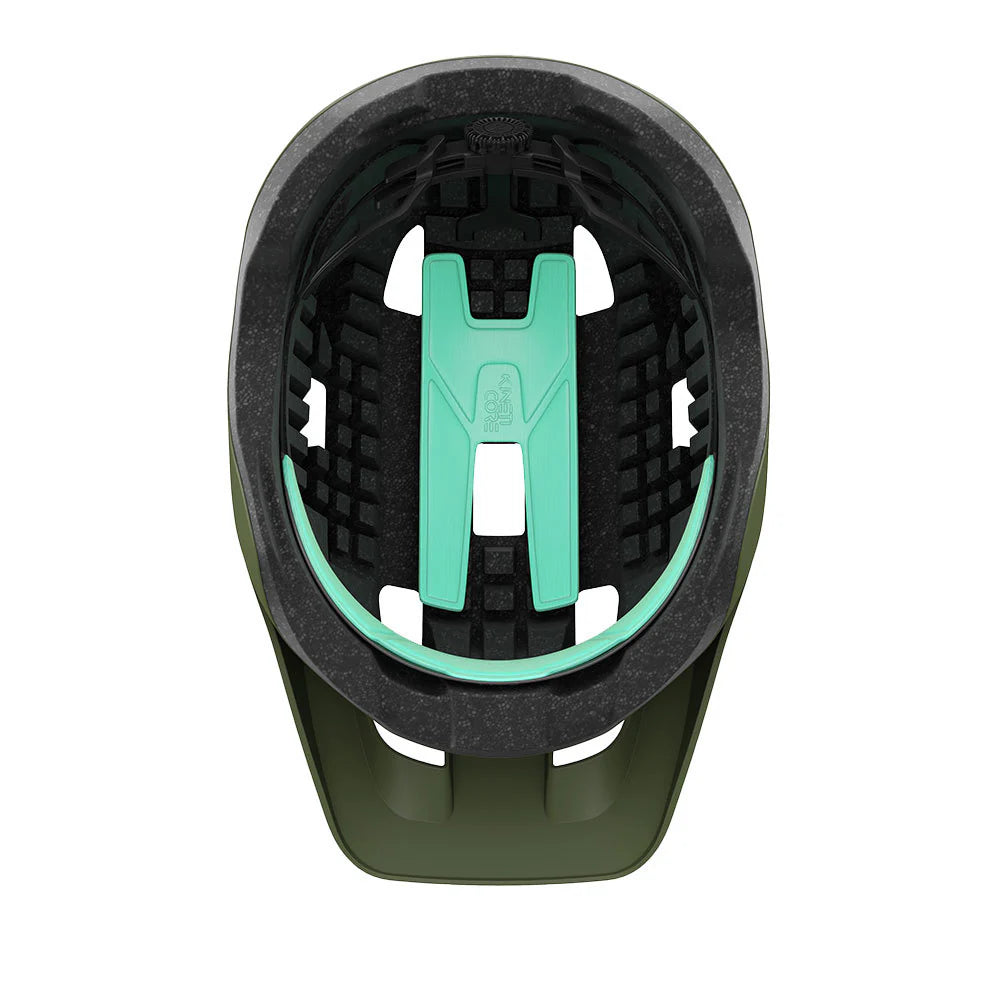 Close-up of a helmet interior with green and black design on a white background