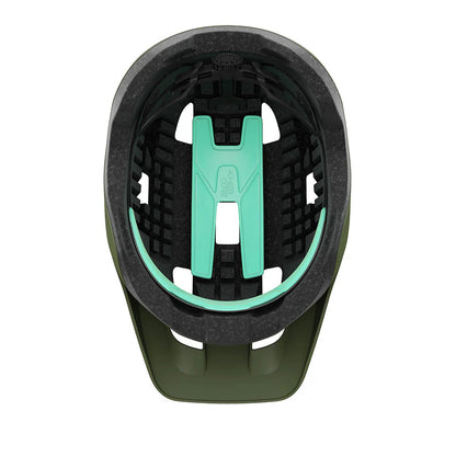 Close-up of a helmet interior with green and black design on a white background