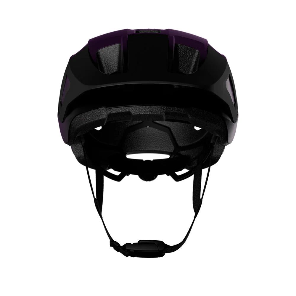 Black helmet with purple accents on a white background