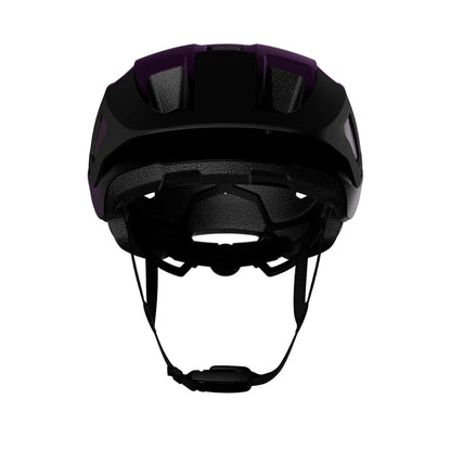 Black helmet with purple accents on a white background
